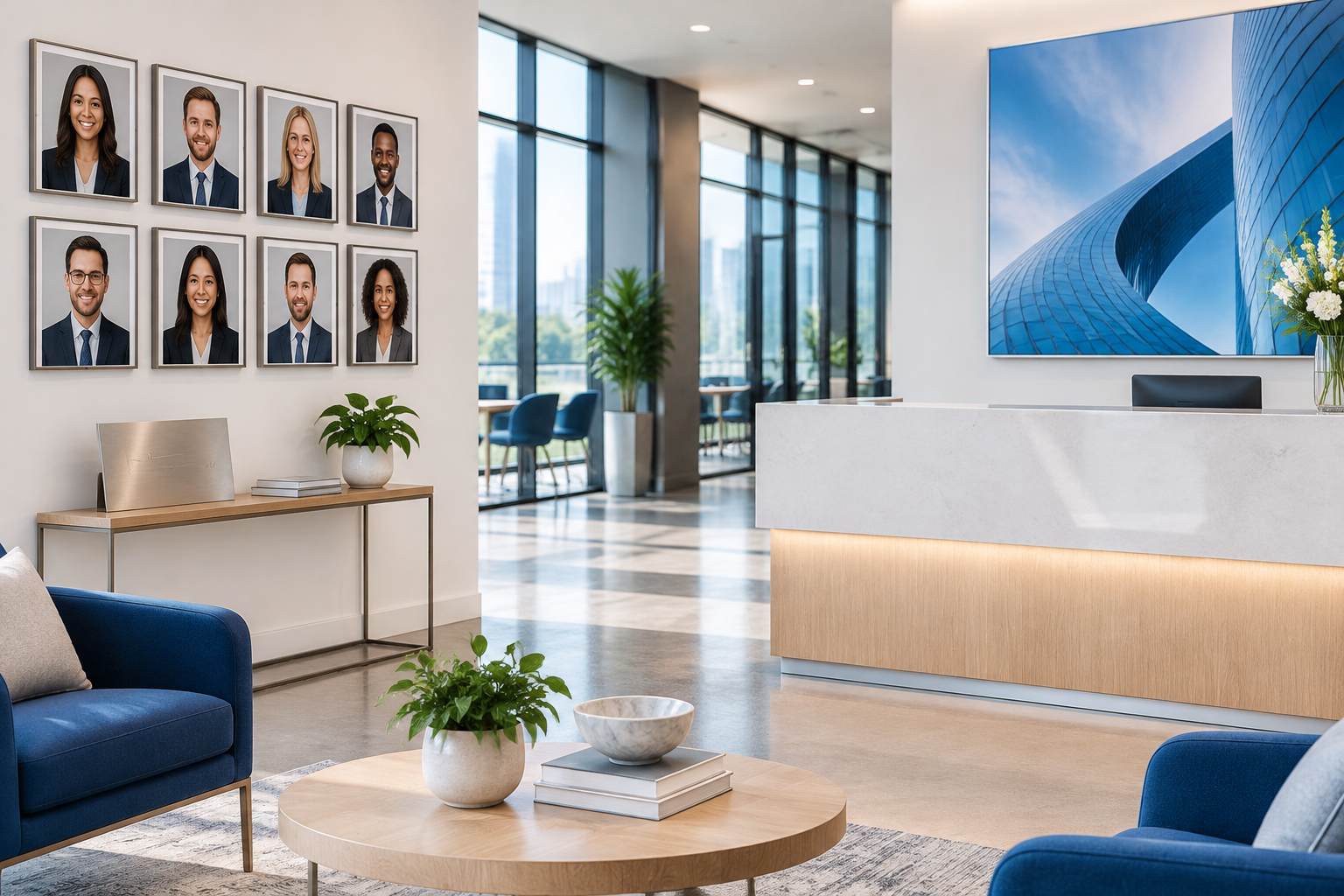 Office lobby with a wall of framed staff headshots