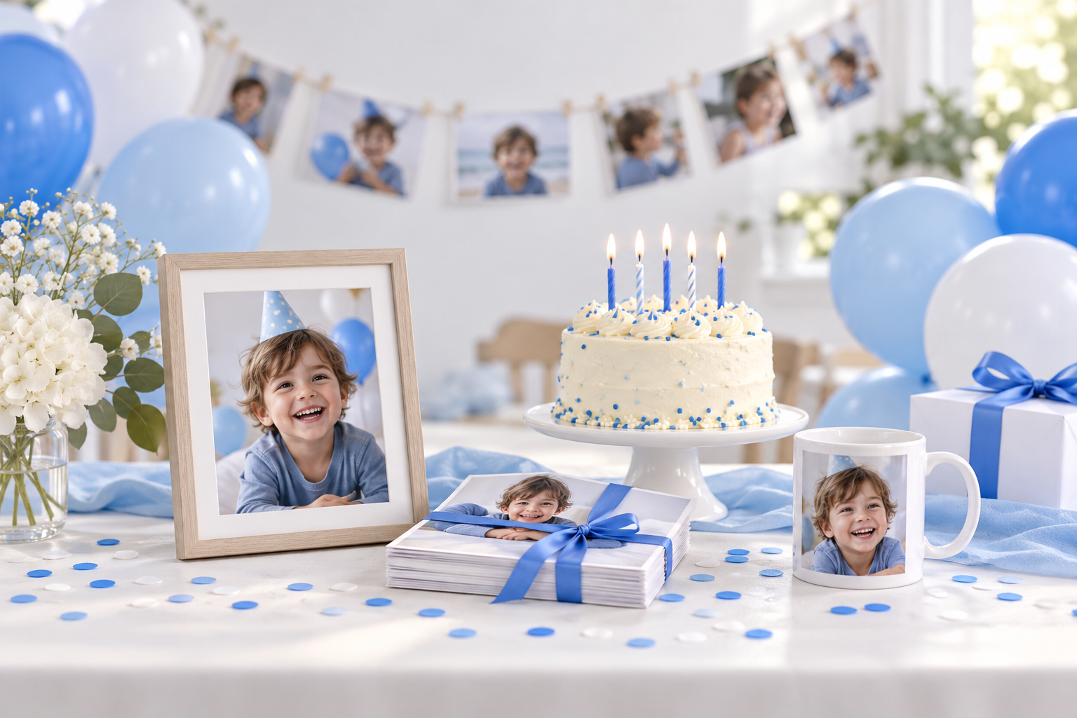 Birthday party table with framed photo, photo banner, and cake