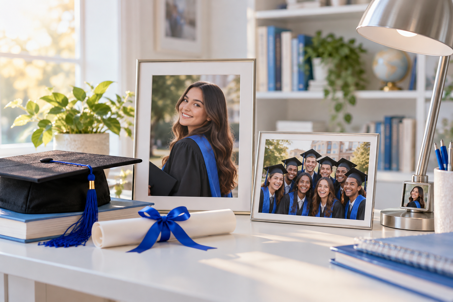 Framed graduation portrait and class photo on a desk with a grad cap