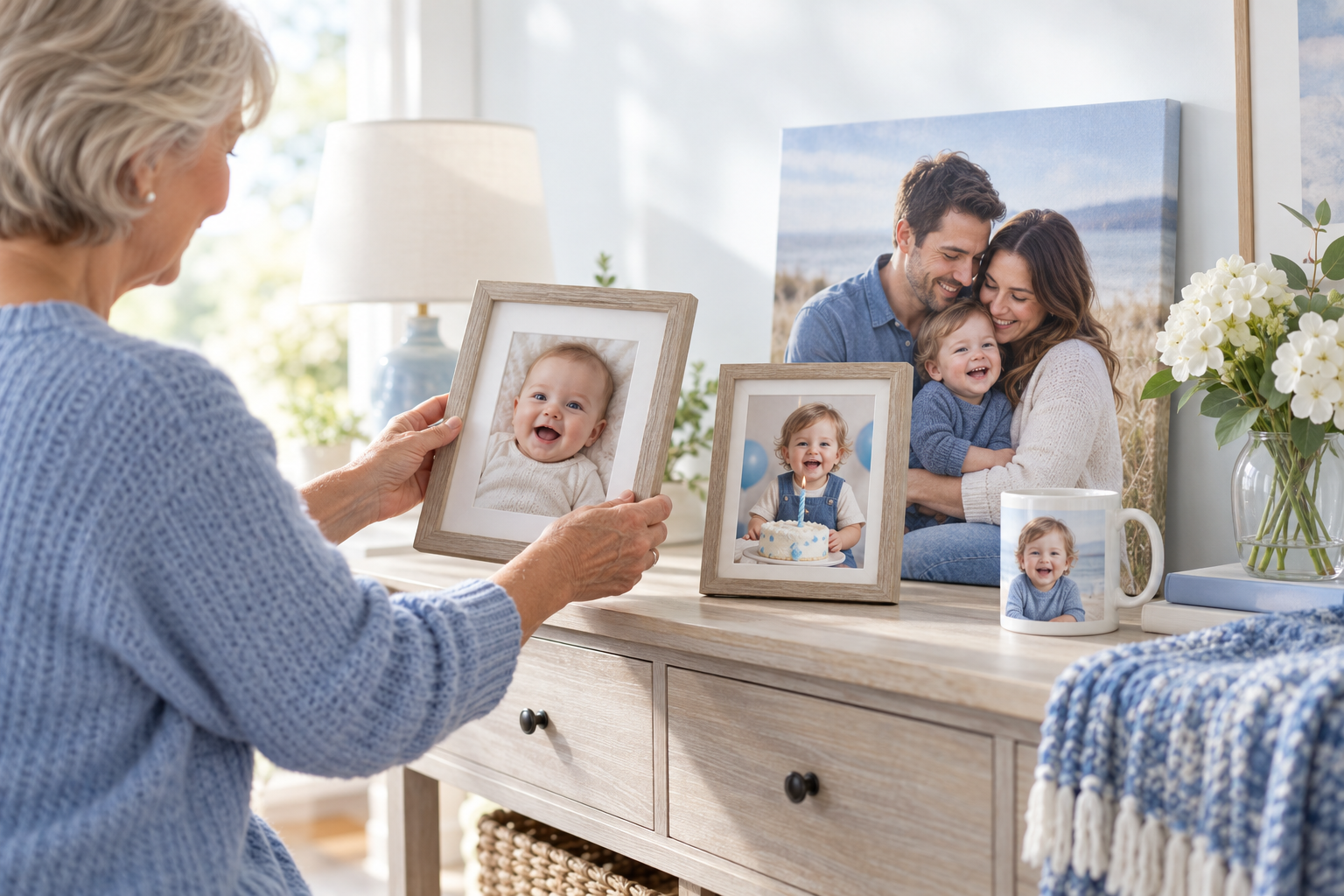 Grandmother arranging framed family and baby photos
