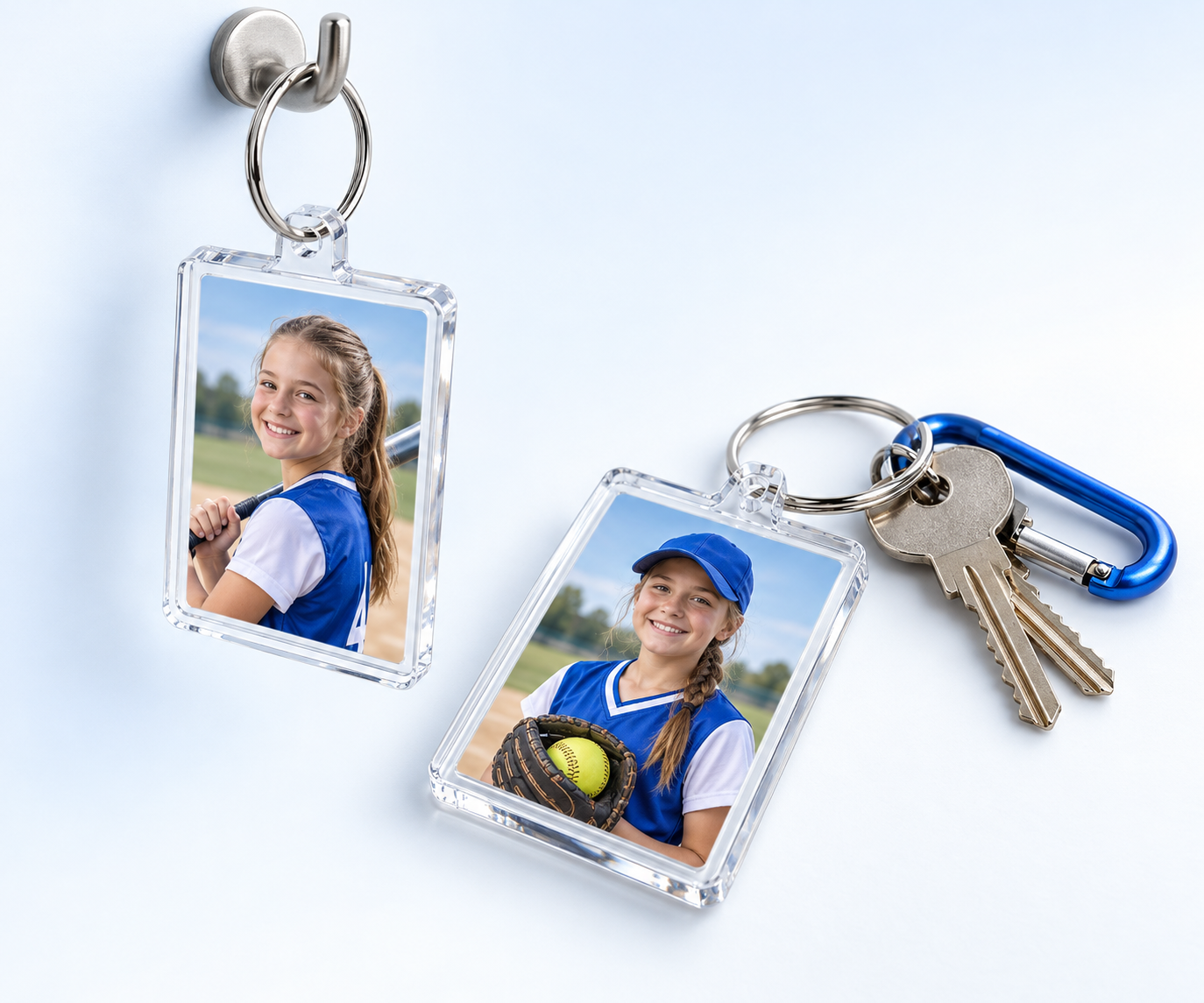 Acrylic photo keychains of softball players