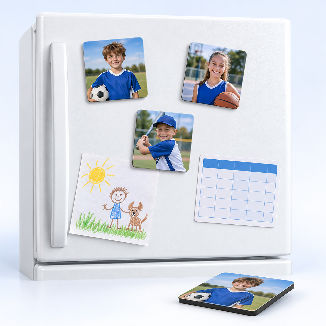 Player photo magnets on a refrigerator
