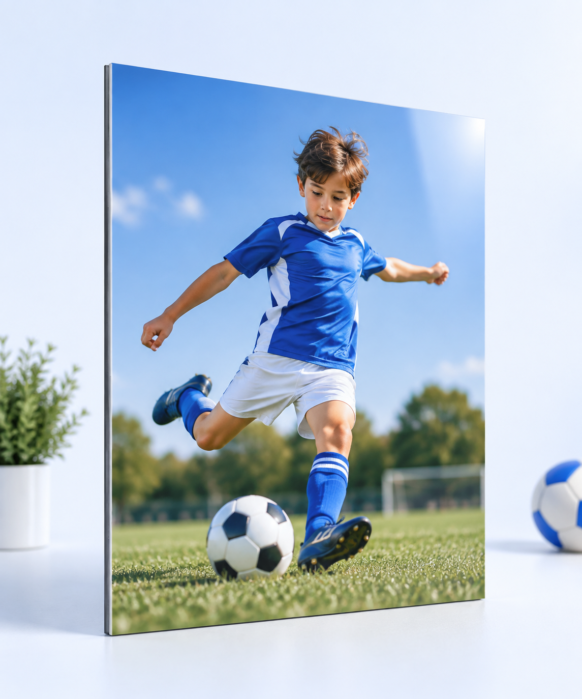 Metal print of a soccer player kicking a ball