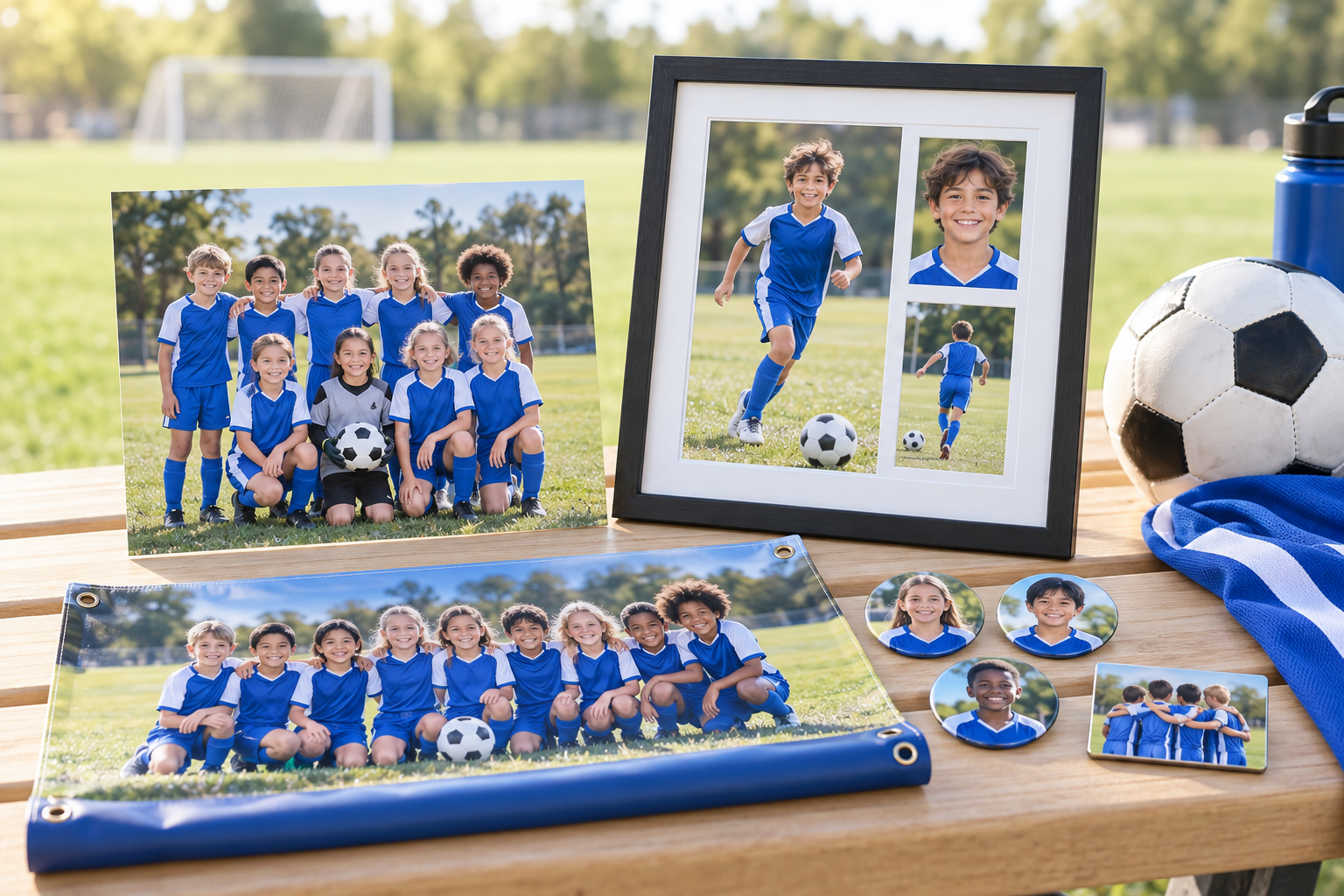 Team banner, framed team photo, and player buttons for a youth soccer team
