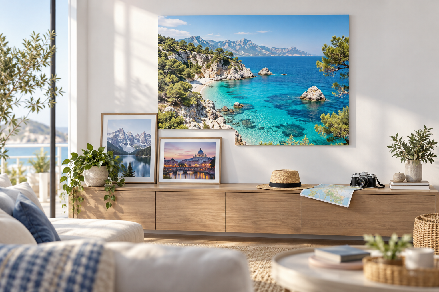 Large coastal travel print hanging in a living room